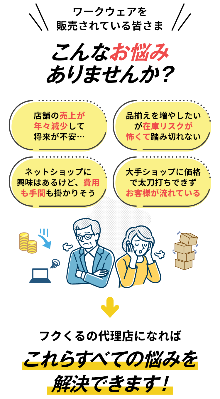 ワークウェアを販売されている皆さまこんなお悩みありませんか？　ワークウェアのフクくる～！